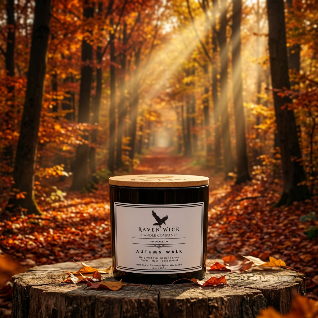 A black glass jar candle with a light wood lid and a white label reading 'Raven Wick Candle Company' and 'Autumn Walk', set on a Forest Path in Autumn backdrop.