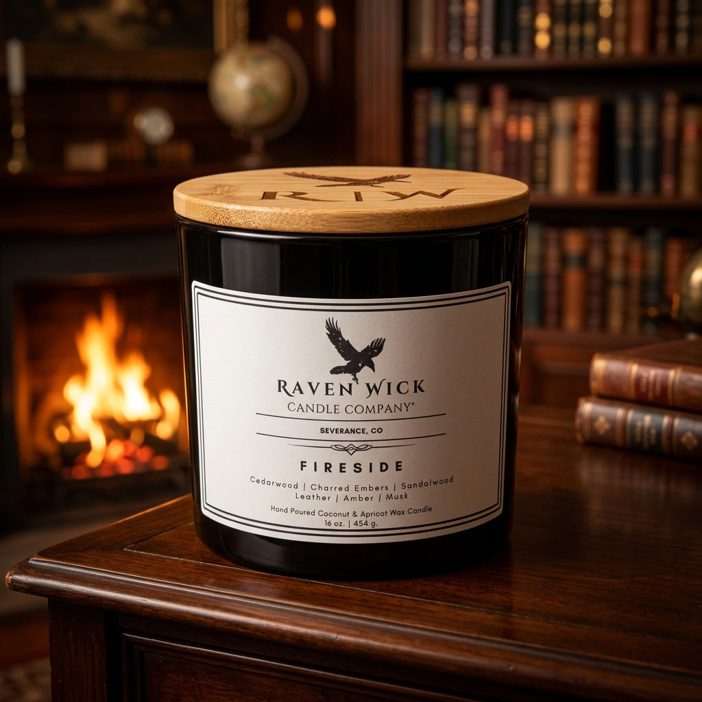 A black glass jar candle with a light wood lid and a white label reading Raven Wick Candle Company and Fireside, set on a Wood Table in a study with a fireplace in the background.