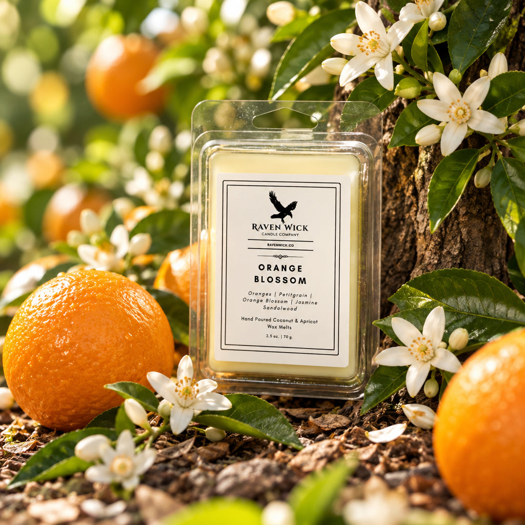 A small clear plastic-wrapped candle with a white label reading 'Nash Pack' and 'Orange Blossom' stands on a reflective metallic surface in front of a wrinkled silver backdrop.