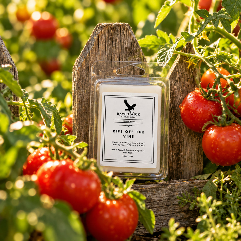 Clear plastic Wax Melt container reading Ripe Off the Vine in front of tomato plant. 